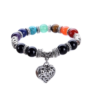 Colorful natural stone beaded bracelet with vintage silver hollow heart pendant for women