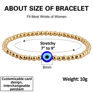 Gouden kralenarmband elastisch met blauw boze oog en maataanduiding van 7 tot 9 inch