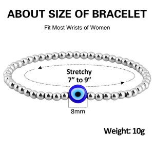Zilveren kralenarmband met blauw boze oog en elastisch koord voor dames en heren