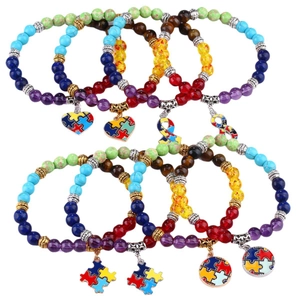 Eight-piece set of natural stone beaded bracelets with autism awareness puzzle charms