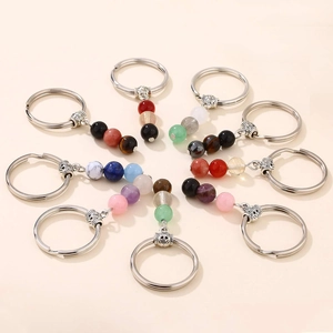 Natural gemstone beaded keychains with polished metal rings in diverse colors