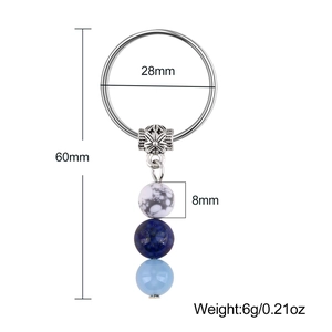 Natural stone beaded keychain with stainless steel ring and vintage charms measuring 60mm