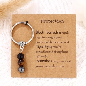 Detail of natural energy stone keychain with Tiger Eye beads on a craft card