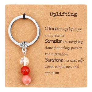 Detailed macro view of natural gemstone beads with citrine and sunstone on a silver keychain