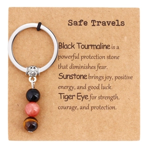Detail of natural stone bead keychain on Kraft card including tiger eye and sunstone