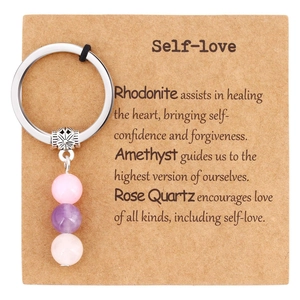 Detailed view of gemstone keychain with Amethyst and Rose Quartz on card