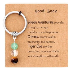 Natural stone bead keychain with Aventurine, Citrine, and Tiger Eye on a Good Luck card