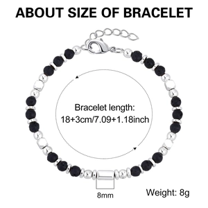 Beaded bracelet size guide showing 8mm black volcanic stones and 18+3cm adjustable length