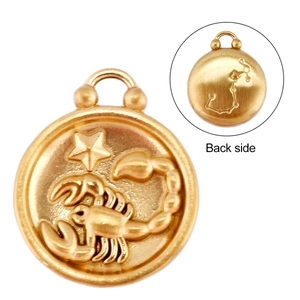 Front and back detail of 18k gold Scorpio zodiac pendant with embossed scorpion and star