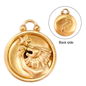 Detail of 18k gold Leo zodiac coin pendant showing front relief and back side engraving