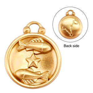 18k gold vintage 12 zodiac Pisces necklace pendant with double-sided relief and engraving