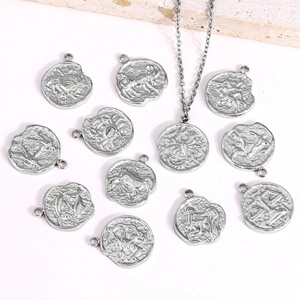 Silver stainless steel 12 constellation zodiac coin pendant necklaces on white background