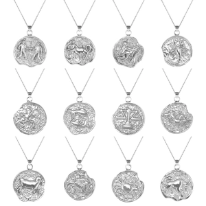 Stainless Steel Zodiac Necklace 12 Constellations Coin Pendant Relief Embossed Silver Tone For Women Men Jewelry Gift