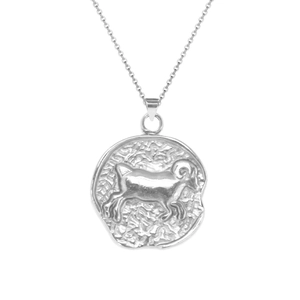 Close-up of silver Aries zodiac necklace with embossed round ram pendant on a fine link chain