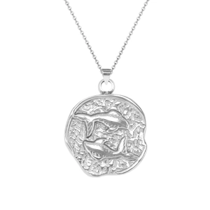 Detailed close-up of silver Pisces pendant with dolphin relief and grainy texture