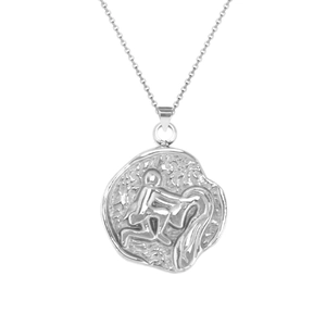 Macro detail of silver stainless steel Aquarius zodiac coin pendant on thin chain
