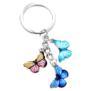 Elegant butterfly keychain with three colorful alloy pendants on a silver metal ring