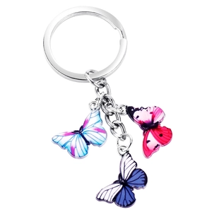 Detailed macro view of colorful butterfly pendants on a silver metal keychain ring