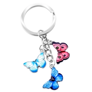 Detail of butterfly keychain with three pink and blue gradient pendants on silver ring