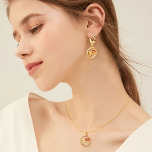 Detail view of the Mama necklace and earrings set with micro-pave red lips design