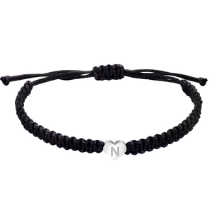 Black braided cord heart bracelet with silver letter N engraving for couples