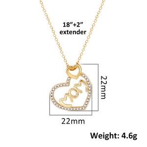 Detail showing gold heart pendant size 22mm x 22mm with MOM engraving and 18+2 inch chain