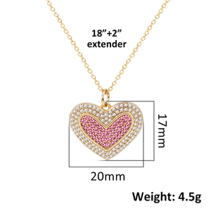 Detailed view of heart necklace pendant showing dimensions 17mm x 20mm and 4.5g weight