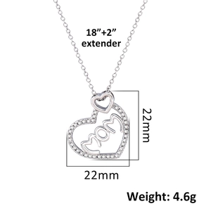 Silver MOM heart necklace detail showing 22mm size and 18+2 inch adjustable chain length