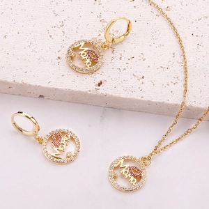 Three-piece gold-plated jewelry set with Mama letters and red lips pendant necklace and earrings