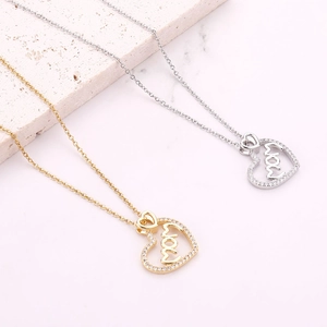 Golden and silver heart necklaces with Mom engraving and micro-pave cubic zirconia crystals