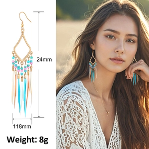 Detailed view of colorful beaded tassel feather earrings with dimensions 118mm by 24mm