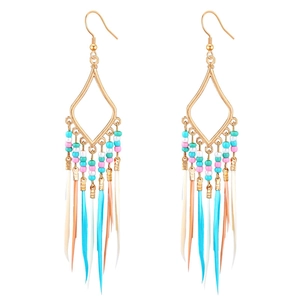 Bohemian geometric gold earrings with colorful bead tassels and long feathers