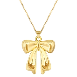 Macro view of the 3D bow pendant and fine polished link chain in gold finish