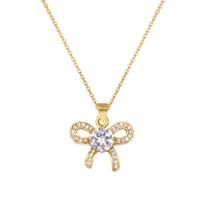 Close-up of gold bow pendant necklace with sparkling pavé zircons and a large center diamond