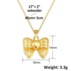 Gold-plated bow necklace with heart detail, 45cm chain length and 14x16mm pendant size