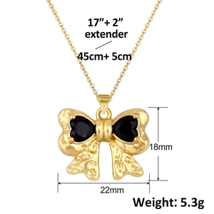 Gold bow necklace with heart-shaped black stones, 45cm chain and 22mm pendant size