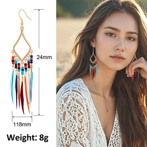 Detail view of Bohemian feather tassel earrings with dimensions 118mm length and 24mm width