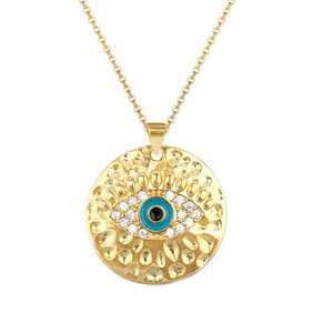 Detailed close-up of gold evil eye pendant necklace with hammered metal and blue zircons
