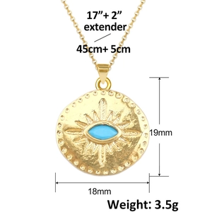 Gold evil eye pendant necklace with blue turquoise stone and size dimensions detail