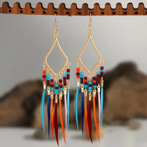 Close-up of bohemian earrings with colorful seed beads and vibrant natural feathers