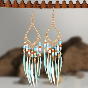 Detail of bohemian geometric drop earrings with multi-color beads and soft feather tassels