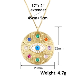 Gold plated evil eye pendant necklace with colorful gemstones, 45cm plus 5cm chain length