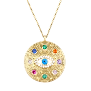 Macro detail of gold plated Evil Eye pendant with colorful gemstones and crystals