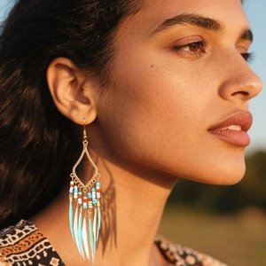 Bohemian geometric long fringe earrings with colorful seed beads and blue feathers