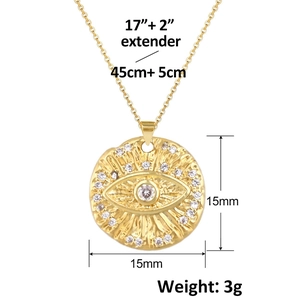 Detail of 15mm gold evil eye pendant with size measurements and adjustment chain
