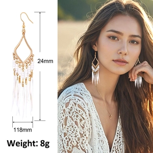 Detail view showing 24mm width and 118mm length of bohemian feather fringe earrings