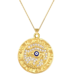 Macro detail of gold Evil Eye coin pendant with blue enamel and sparkling zircon pavé