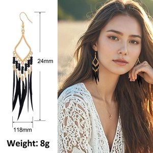 Detail view of black feather tassel earrings with dimensions and outdoor model shot