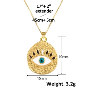 Detailed size view of the gold Evil Eye pendant with chain length and weight specifications