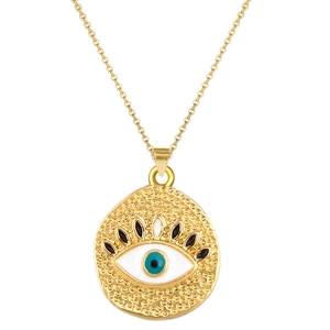 Close-up of golden evil eye pendant with enamel iris on textured metallic disc